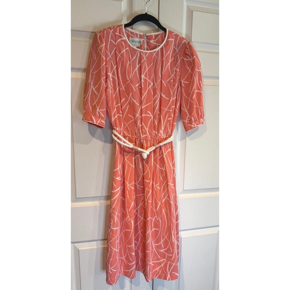 Vintage 80s Neil Martin Sz 10 Coral White Cottage Abstract Belted Midi Dress